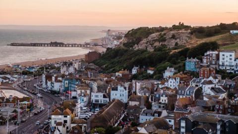 A view across Hastings and Hastings seafront.