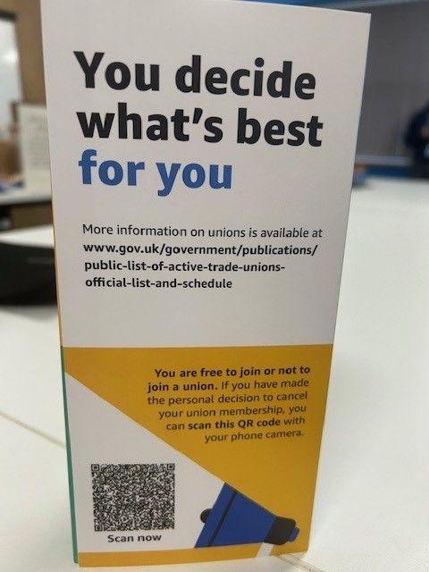 A leaflet with a QR code with text about unions