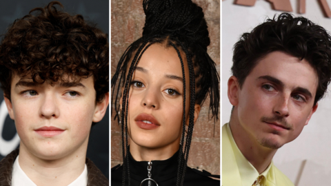 Composite image of three people. On the left Adolescence star Owen Cooper . He has short, curly dark hair, wearing a white shirt under a textured dark jacket. The lighting is soft and the background is a muted, warm tone. In the centre is rising US actor Chase Infinity, She has long braids styled into a high bun. She is wearing a black zip‑up top with a circular zipper pull. The background is a clean, neutral grey, giving the portrait a studio feel. On the right is Timothee Chalamet. He has short, wavy dark hair, a light mustache and goatee. He is dressed in a pale yellow shirt with a gold accessory at the collar. The background is a soft, warm beige.