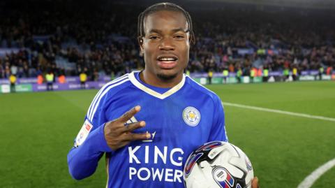 Abdul Fatawu celebrates after scoring a hat-trick for Leicester City against Southampton
