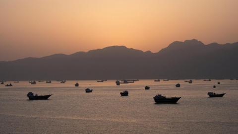 Ships in the Strait of Hormuz, seen from Oman on 1 May