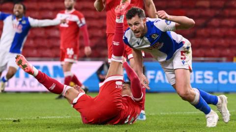 Dom Hyam celebrates a goal for Blackburn at Middlesbrough