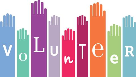 A graphic logo showing multicoloured arms in a row, which together spell the word volunteer with a white background. 