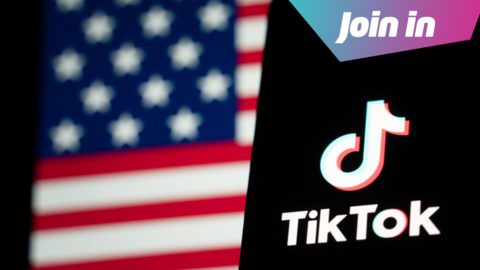 TikTok logo, American flag and join in graphic