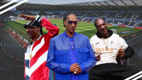 Three images of Snoop Dogg, including one in a Swansea shirt, in front of the Swansea.com Stadium