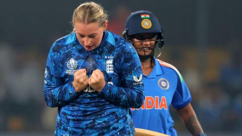 Sophie Ecclestone celebrates the wicket of Deepti Sharma