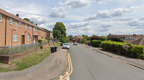 A Google Streetview image of Romney Way, with houses lining one side of the road and a bush on the other.