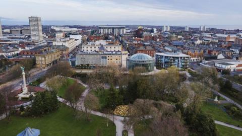 Aerial image of Sunderland city centre with Mowbray Park in the foreground. 