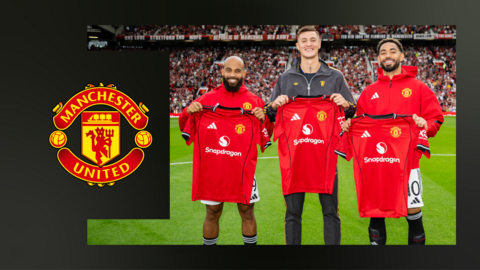 An image of Bryan Mbeumo, Benjamin Sesko and Matheus Cunha holding up Man Utd shirts at Old Trafford with a Man Utd crest on the left hand side