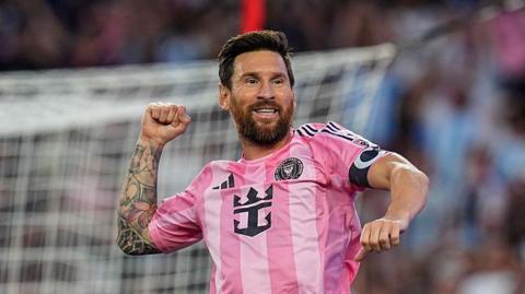 Lionel Messi celebrates after scoring against New England Revolution
