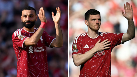 Mohamed Salah and Andy Robertson wave goodbye at Anfield