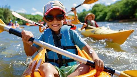 A young boy kayaking. He is in a yellow kayak and is wearing a blue life jacket over a blue T-shirt, green shorts, sunglasses and a cap.