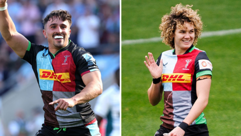 From left, Cadan Murley celebrates with his arm aloft after scoring a try, and Ellie Kildunne waves to a member of the crowd at Twickenham