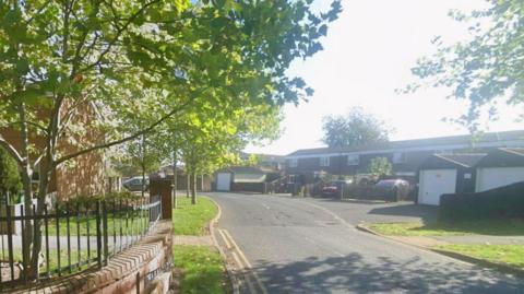A street with a black metal fence along one side and houses on the other in the distance.