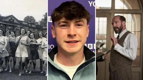 A three-panel collage. The left panel shows a black-and-white photograph of a group of women in 1950s athletic attire standing outdoors in front of a large building with classical architecture. The centre panel displays a person wearing a casual zip-up jacket against a backdrop with the BBC logo. The right panel depicts a person dressed in a vintage-style suit and vest, holding papers and appearing to speak or present in an elegant room with tall windows and wooden frames.