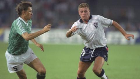 Gazza wearing his iconic Italia '90 kit in the semi-final against Germany