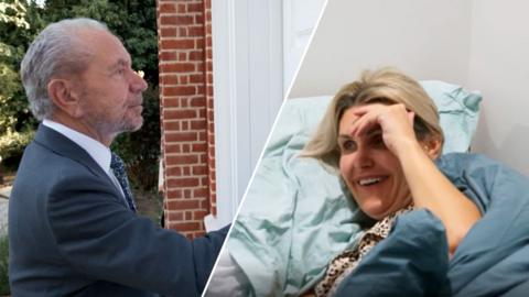 Split image of Lord Sugar (left) and candidates from The Apprentice scrambling out of bed (right).