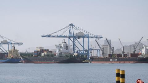 A handout photo made available by the UAE Presidential Court shows a general view of the Port of Fujairah on 17 April 2026