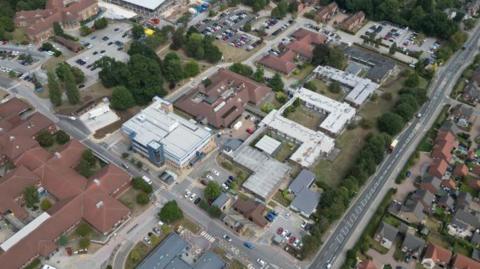 A drone image showing the Castle Hill Hospital site - a collection of buildings of varying shapes and sizes 