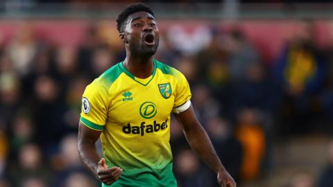A male football player wearing the yellow and green jersey of Norwich City shouts at a team-mate with a white captain's armband on his left bicep. Spectators are seen in soft focus behind him.