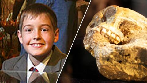 Composite of a smiling boy wearing a grey blazer, a white shirt, and a red-and-blue tie, and a fossilised skull