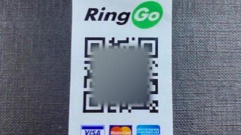 A fake QR code for RingGo parking payment service, with logos for Visa, MasterCard, and American Express displayed below.
