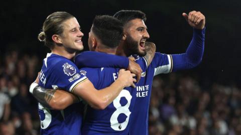 Armando Broja and Conor Gallagher celebrate while playing for Chelsea in 2023
