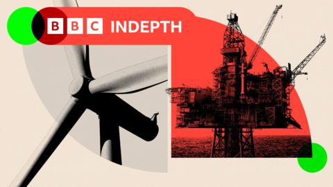 Close up of a wind turbine on the left and an oil platform in the north sea on the right