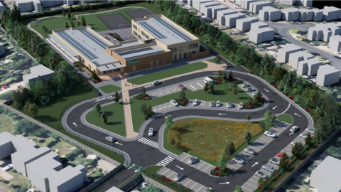 Plans showing the school development. Across from the main school site is a ring road with car parking spaces and areas of green grass and trees. On the right-hand side of the picture and to the left are other buildings. 