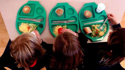 Three children viewed from above with school dinner trays holding food