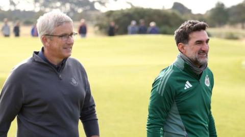 PGA Tour commissioner Jay Monahan and LIV Golf chairman Yasir Al-Rumayyan play together at last year's Alfred Dunhill Links Championship