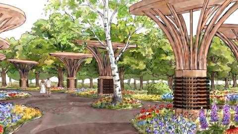 An artist's impression of a series of wooden tree sculptures linked by paths and flower beds