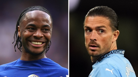 Split image of Raheem Sterling playing for Chelsea and Jack Grealish playing for Manchester City