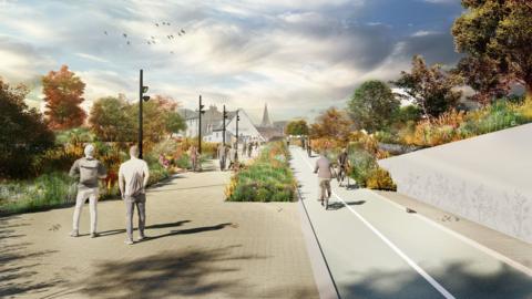Graphic of the area around the railway station showing pedestrians and cyclists using a path that leads to the city centre.