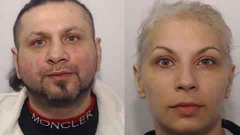 Two mugshots side by side of a man and a woman. The man has dark hair and a goatee and the woman has light blond hair. 