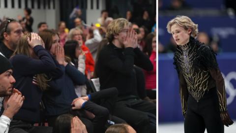Splitscreen. Left, supporters gasp in disbelief. Right, Malinin after his Olympic performance.