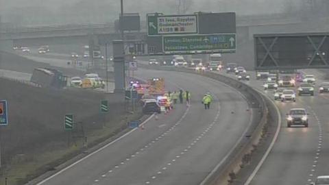 Emergency services at the scene of a crash on the A14 carriageway.