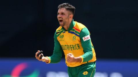 South Africa bowler Keshav Maharaj celebrates