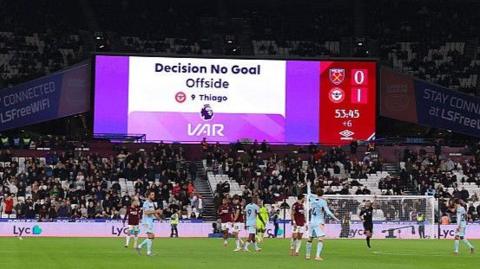 The stadium screen at the London Stadium showing Igor Thiago had a goal disallowed shortly before half-time