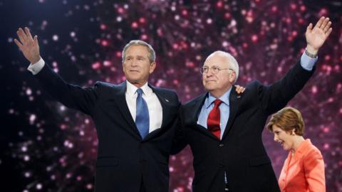 .S. President George W. Bush (L) and Vice President Dick Cheney celebrate at the conclusion of the 2004 Republican National Convention at Madison Square Garden in New York, September 2, 2004