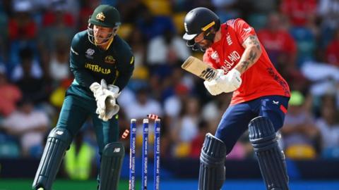 Phil Salt of England is bowled by Adam Zampa of Australia