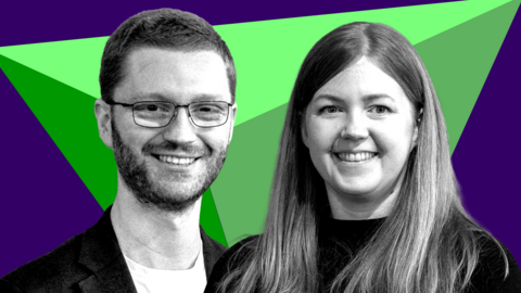 A composite image of Ross Greer, who has glasses and short hair, and Gillian Mackay, who has long hair. Both are smiling, with a green and purple graphic behind them