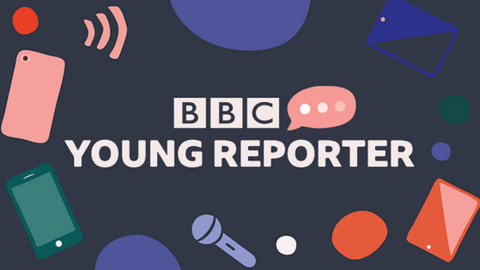 BBC Young Reporter logo. Illustrated items, such as a mobile phone, a microphone, and a tablet appear on a dark blue background.