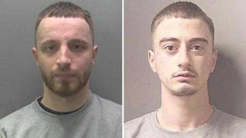 Police custody mugshots of Kleart Xhaferaj (left) and Xhoni Lazaj (right). Both are wearing grey T-shirts and looking at the camera