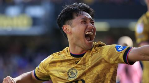 Ryoya Morishita celebrates winner at Watford
