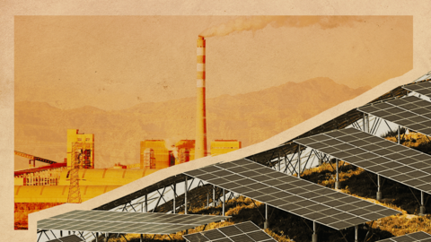 A stylised graphic showing an orange toned power plant in the background from top left of image to just over halfway to bottom left. The cutting across diagonally are grey toned solar panels. 