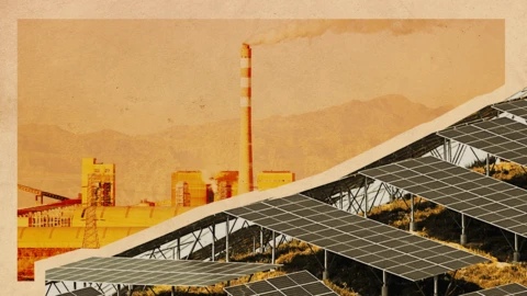A stylised graphic showing an orange toned power plant in the background from top left of image to just over halfway to bottom left. The cutting across diagonally are grey toned solar panels. 