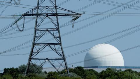 The white dome of Sizewell B nuclear power station with energy pylons in the foreground
