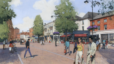 An artists impression of a Newbury street scene. It is a summers day and there are trees in the pedestrianised area. People are stolling wearing short-sleeve tops and wearing sunglasses.