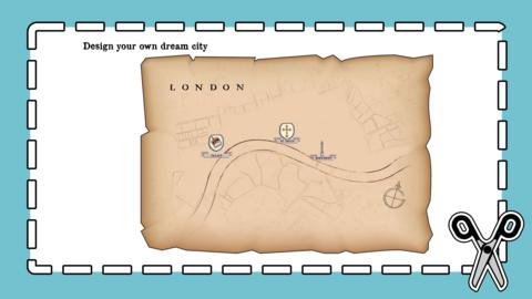Drawing of historical London on a map for child to design, add to or imagine a new place.